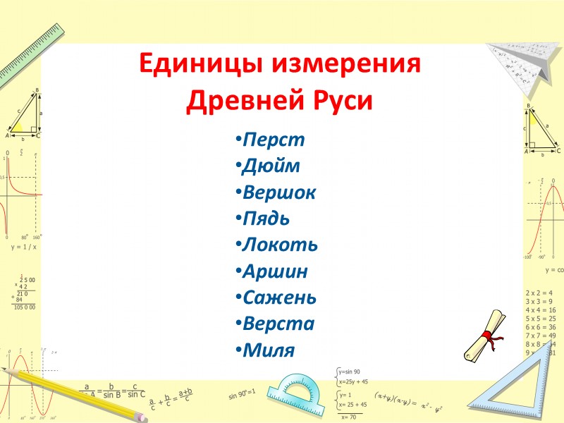 Единицы измерения  Древней Руси  Перст Дюйм Вершок Пядь Локоть Аршин  Сажень